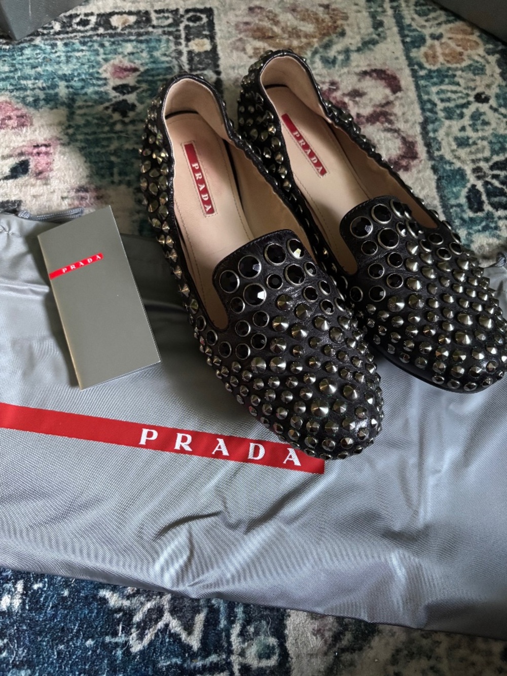 Prada Black Crystal Studded Smoking Loafers Flats Size 37 With Box